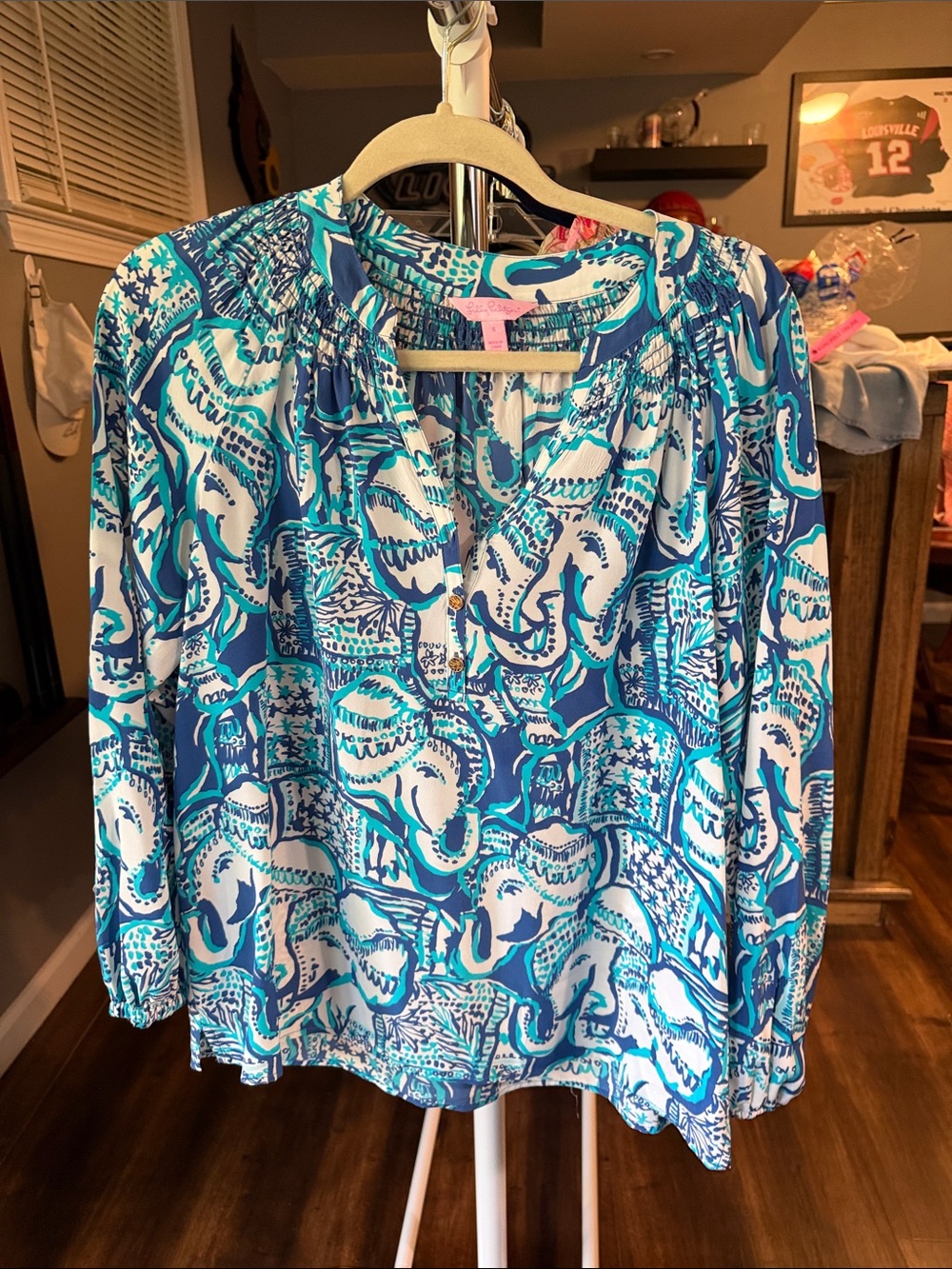 Lilly Pulitzer Blue & Turquoise Printed Peasant Blouse